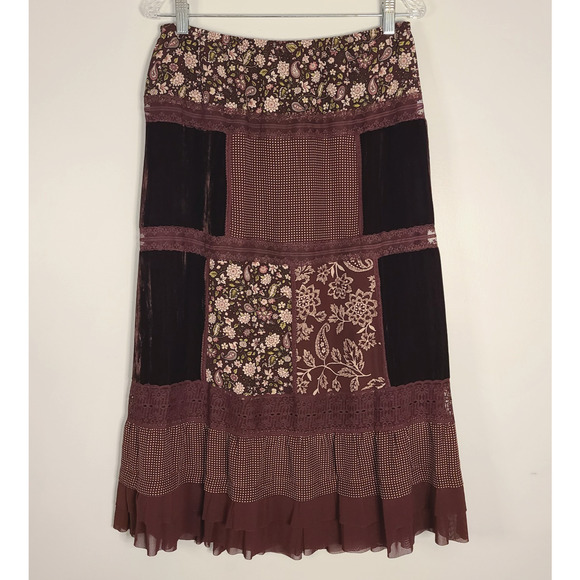 JOSEPHINE CHAUS Patchwork Midi Skirt 10 Burgundy Velvet Silk Prairie Cottage - Picture 2 of 12